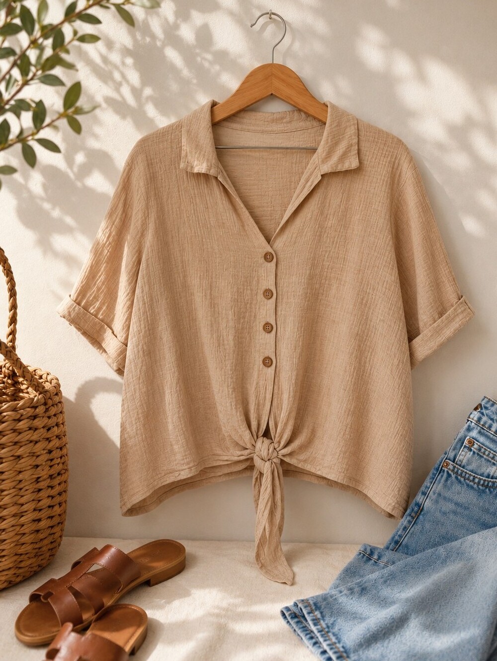 Herinbe Tu 100% Cotton‎ Gauze Tie-Front Blouse | Medium